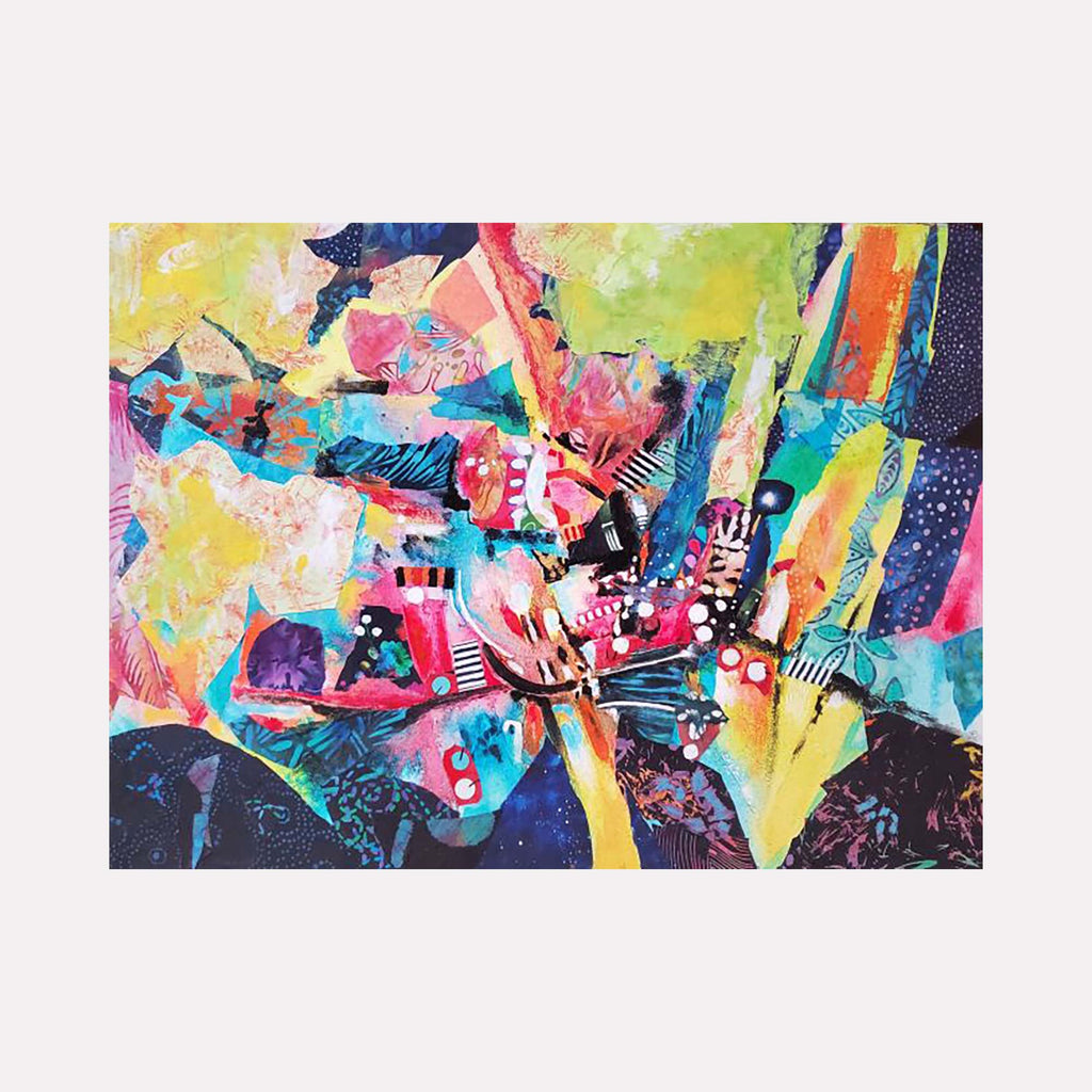 The artwork 'Chinatown' by James Ehling features a vibrant abstract composition with explosive bursts of color, combining acrylic paint and fabric collage elements. Dynamic swirls of pink, turquoise, and yellow dominate the canvas, with deep navy accents creating depth. The mixed media piece showcases energetic brushstrokes and textural elements, creating a modern urban aesthetic on 18x24 inch canvas by James Ehling.