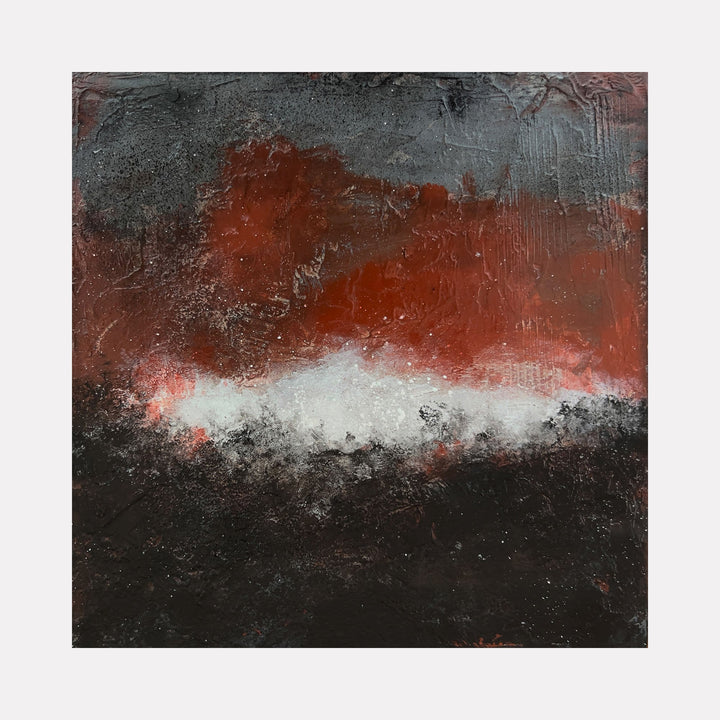 The artwork 'Closing: the Season Ends' by Karen L. Burns features a dramatic abstract landscape with intense rust-red and charcoal-black tones, intersected by a striking white horizontal band. The textured acrylic surface creates a moody, atmospheric effect reminiscent of a stormy horizon, with rough, weathered textures and layered mixed media elements by Karen L. Burns