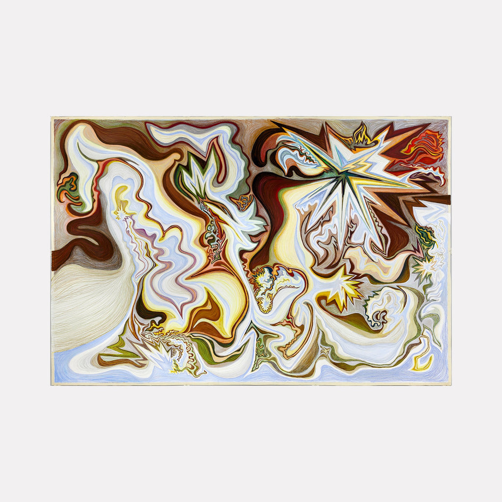 The artwork 'Consumation of Empire' features swirling abstract patterns in earth tones and white, resembling marbled fluid forms. Organic shapes flow across the canvas in browns, creams, and golden hues, with occasional flares of fiery orange and subtle green accents. Created using acrylic gouache and wax pastel on Fabriano paper by Jeff White.