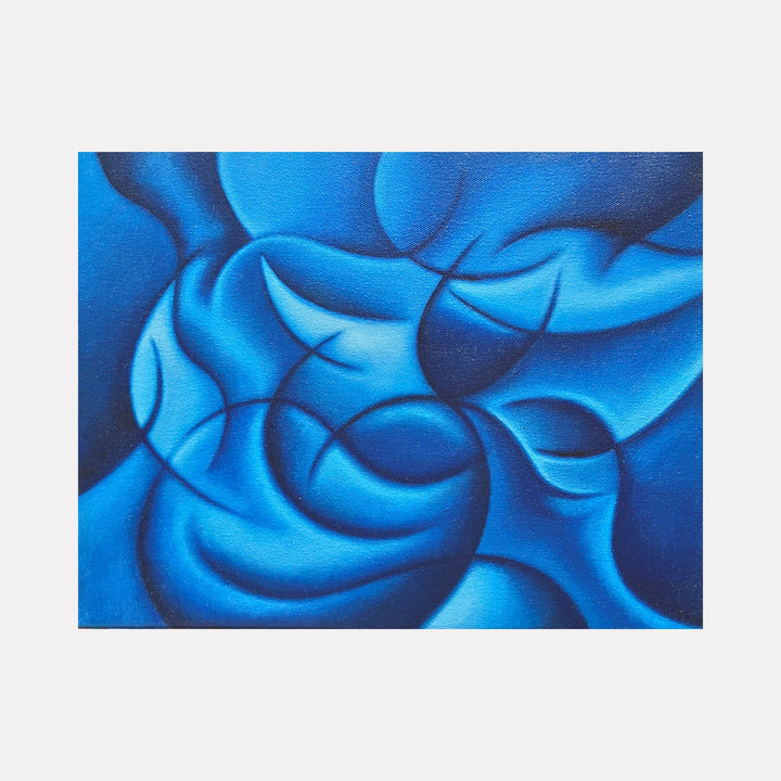 The artwork 'Coverall' by Joe Piscopia features flowing abstract curves in varying shades of electric and deep blues, creating a mesmerizing pattern of interlocking organic shapes. The oil painting showcases smooth transitions and curved lines that suggest movement and fluidity, with darker navy shadows adding depth to the vibrant composition.