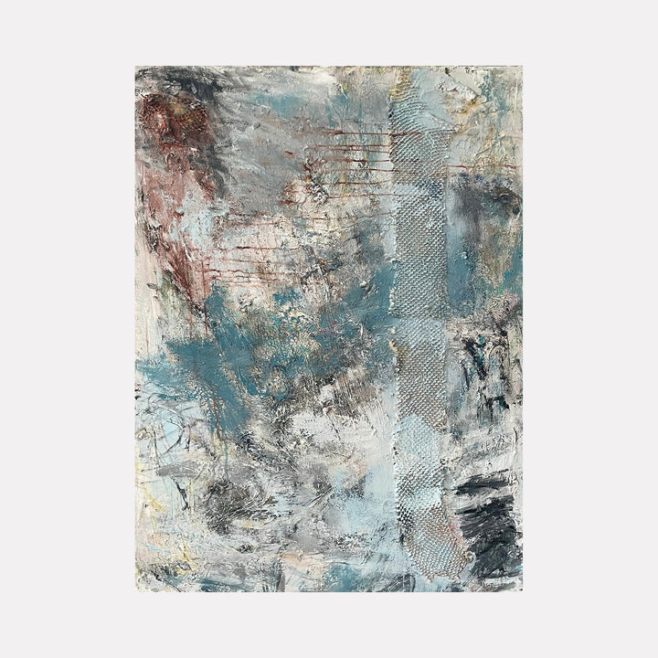 The artwork 'Crossroads' by Jordan Barker features a textured abstract composition with layered brushstrokes in muted teal blue, weathered gray, and soft blush tones. Mixed media elements create depth through textural variations, while dynamic gestural marks and subtle newspaper print elements peek through the atmospheric acrylic painting.