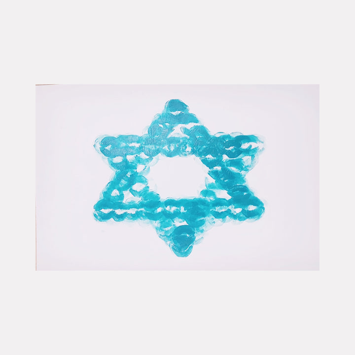 The artwork 'David' by Ronit Levin Delgado features a Star of David created from vibrant turquoise lipstick marks on white pearl paper. Multiple lip impressions form the iconic six-pointed star symbol, displaying a unique blend of traditional Jewish imagery with contemporary artistic expression. The texture appears delicate and translucent, with overlapping kiss marks creating depth and movement.