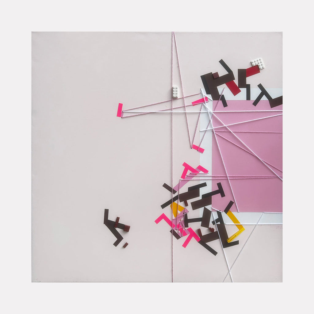 The artwork 'Decaler Nasieekuu' by Philippe Halaburda features an abstract geometric composition with intersecting white lines and scattered angular shapes in black, hot pink, and yellow against a soft gray and pink background. The mixed media piece creates a dynamic spatial arrangement with a minimalist yet energetic aesthetic, measuring 30 x 30 inches.