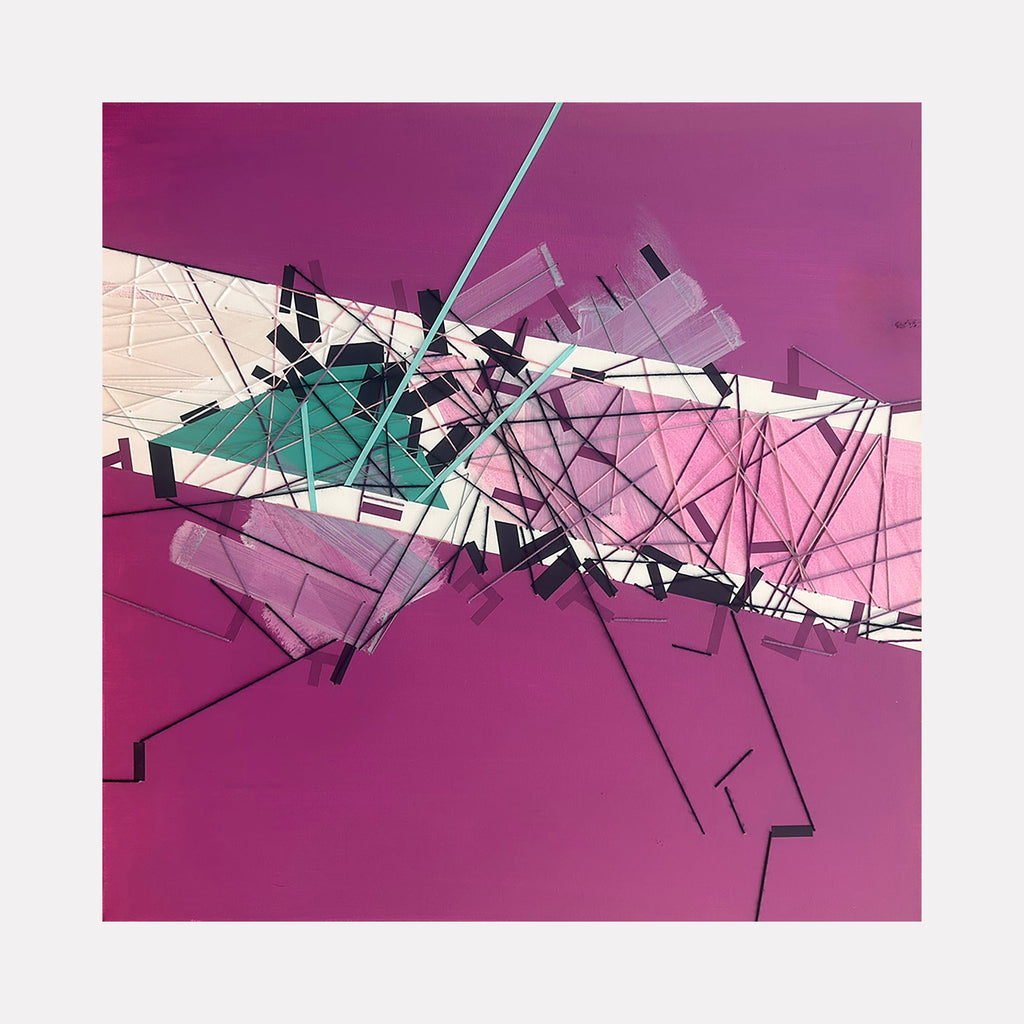 The artwork 'Declin Hiimaraan' by Philippe Halaburda features an abstract geometric composition with dynamic intersecting lines and angular shapes in vibrant magenta, turquoise, and white. The mixed media piece showcases a central burst of fragmented forms against a rich purple background, creating a sense of movement and energy in a 36x36 inch format by Philippe Halaburda.