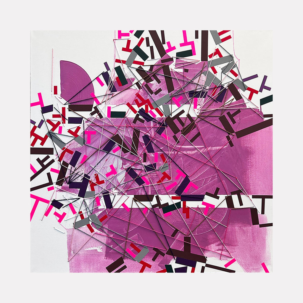 The artwork 'Dedans Kyynsell' by Philippe Halaburda features dynamic abstract geometric composition with intersecting black and hot pink angular shapes scattered across a magenta gradient background. The mixed media piece showcases fragmented lines and geometric patterns creating a sense of movement and energy in a 36x36 inch format by Philippe Halaburda.