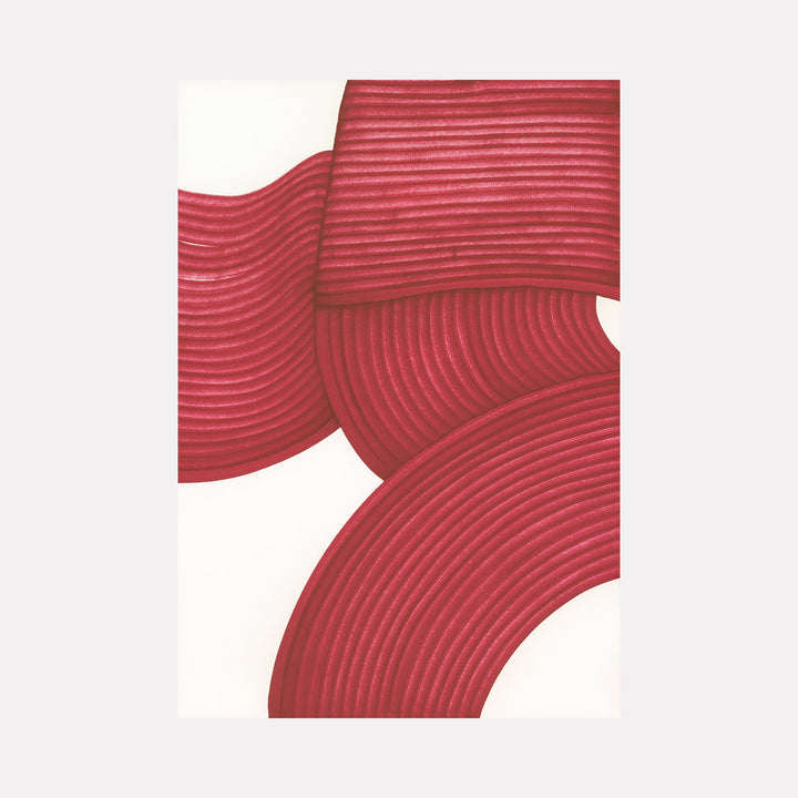 The artwork 'Deep Burgundy' by Alina Glotova features minimalistic curved forms in rich wine-red tones, created with printInk marker. Abstract parallel lines form flowing, wave-like patterns against a white background, creating a sense of movement and rhythm in this 40x30 inch contemporary drawing.