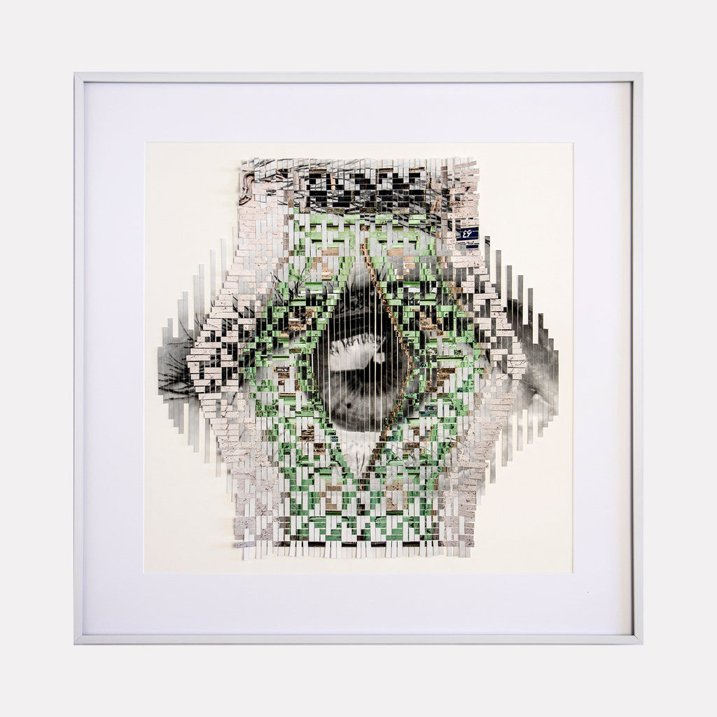 The artwork 'Deep Cuts' by Kiana Honarmand features a striking digital composition with pixelated elements in black, white, and green. The image shows a circular central form surrounded by geometric patterns that create a symmetrical, kaleidoscopic effect. Abstract vertical lines extend from both sides, creating a sound wave-like appearance against a clean white background, framed in simple white.