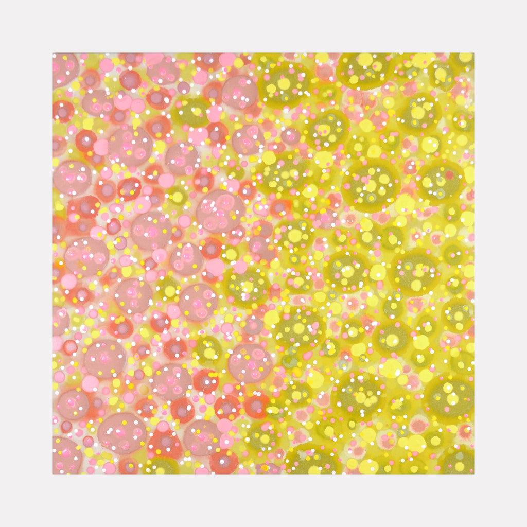 The artwork 'Delightfully Delectable' by Eric Jiaju Lee features vibrant abstract circles and dots in soft pink and luminous yellow tones. The acrylic painting creates a dynamic composition of floating bubble-like forms, with white highlights scattered throughout the 36x36 inch canvas, suggesting a playful and ethereal atmosphere.