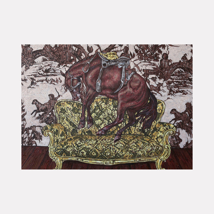 The artwork 'Derby Tradition II' by Carlos Gamez de Francisco features a majestic brown horse perched atop an ornate Victorian-style settee upholstered in luxurious green and gold damask fabric. The background showcases intricate toile-like patterns in dark brown against a pale backdrop, creating a striking contrast. The acrylic painting combines classical equestrian themes with surreal interior elements.