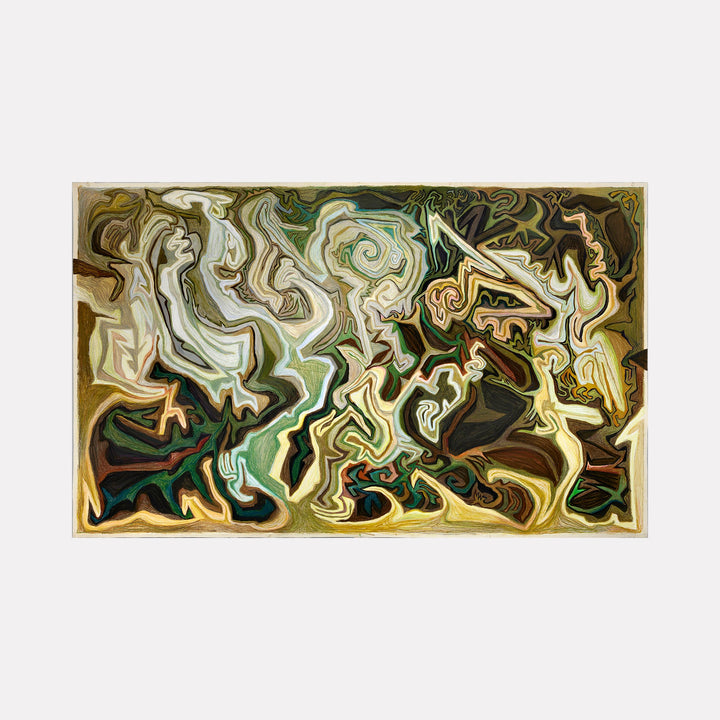 The artwork 'Destruction' by Jeff White features swirling abstract forms in earthy greens, browns, and creamy whites. Dynamic fluid patterns create a sense of movement, with interwoven spiraling shapes resembling natural chaos. Mixed media technique combines acrylic gouache, wax pastel, and colored pencil, creating rich textural depth on Fabriano Artistico paper.