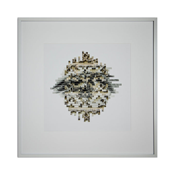 The artwork 'Diadem' by Kiana Honarmand features a fragmented circular composition of hand-cut and woven giclee prints. The design creates a mosaic-like pattern in neutral tones of beige, brown, and black, arranged in a geometric formation against a crisp white background. The 18x18 inch piece showcases a pixelated, deconstructed aesthetic with overlapping strips creating depth and dimension.