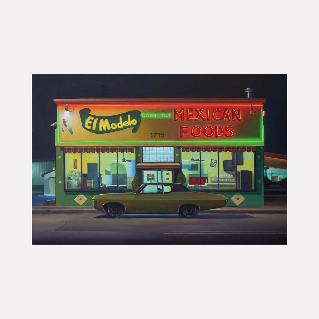 The artwork 'El Modelo' by Alex Devereux depicts a vibrant nighttime scene of a Mexican restaurant storefront, illuminated by neon signs in green and red. A classic vintage car in olive green is parked in front, silhouetted against the glowing windows. The piece features bold retro signage and atmospheric urban lighting, rendered in acrylic on canvas.