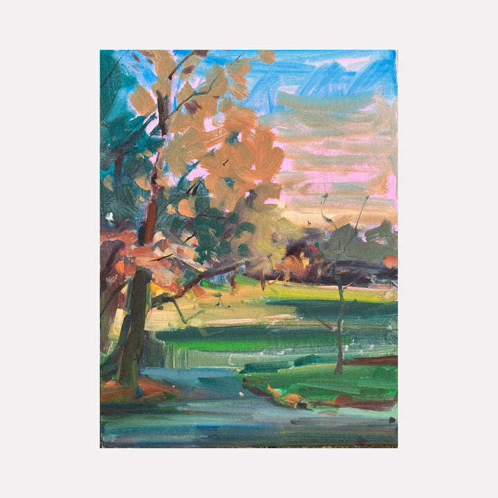 The artwork 'Early Light, Prospect Park' by Janet L. Pedersen captures a vibrant autumn landscape with golden-orange foliage against a pastel pink and blue sky. Oil painting on wood depicts tall trees reflecting in a tranquil pond, with loose, expressive brushstrokes creating a dynamic plein air scene. Rich emerald greens and deep teals complement the warm fall colors.