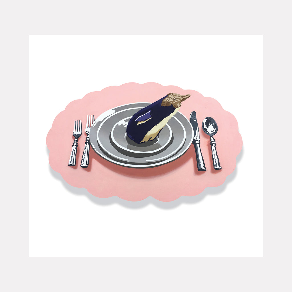 The artwork 'Eating Animals Eggplant Penguin' by Lori Larusso depicts a whimsical dining scene with a deep purple eggplant shaped like a penguin on gray concentric plates, set against a soft pink cloud-like background. Silverware flanks the plate in a formal dining arrangement. Acrylic on polymetal panel, showcasing sharp detail and stylized realism.