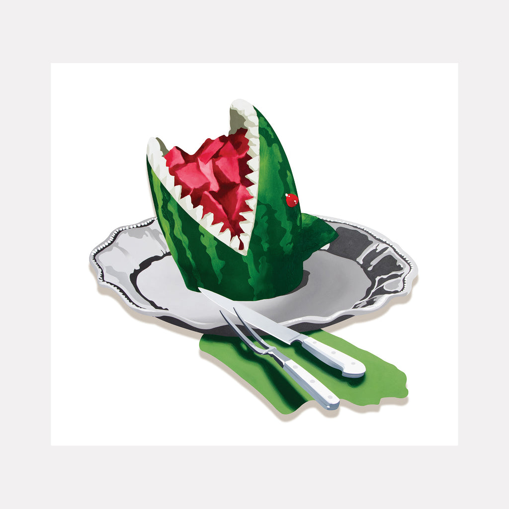 The artwork 'Eating Animals Watermelon Shark' features a creative watermelon cut into a shark's open mouth shape, rendered in vibrant green with sharp red interior teeth, placed on a silver plate with cutlery. The piece, painted in acrylic on polymetal panel, employs a pop art style with clean lines and bold colors. By Lori Larusso.