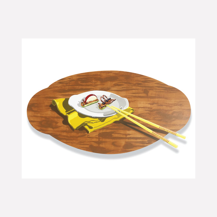 The artwork 'Eating Animals (Snack Bugs)' by Lori Larusso depicts a minimalist table setting with a white plate on a yellow napkin, accompanied by yellow chopsticks resting on a warm wooden circular surface. The acrylic painting on polymetal panel showcases hyper-realistic details and subtle shadows, creating depth through precise brushwork. - Lori Larusso