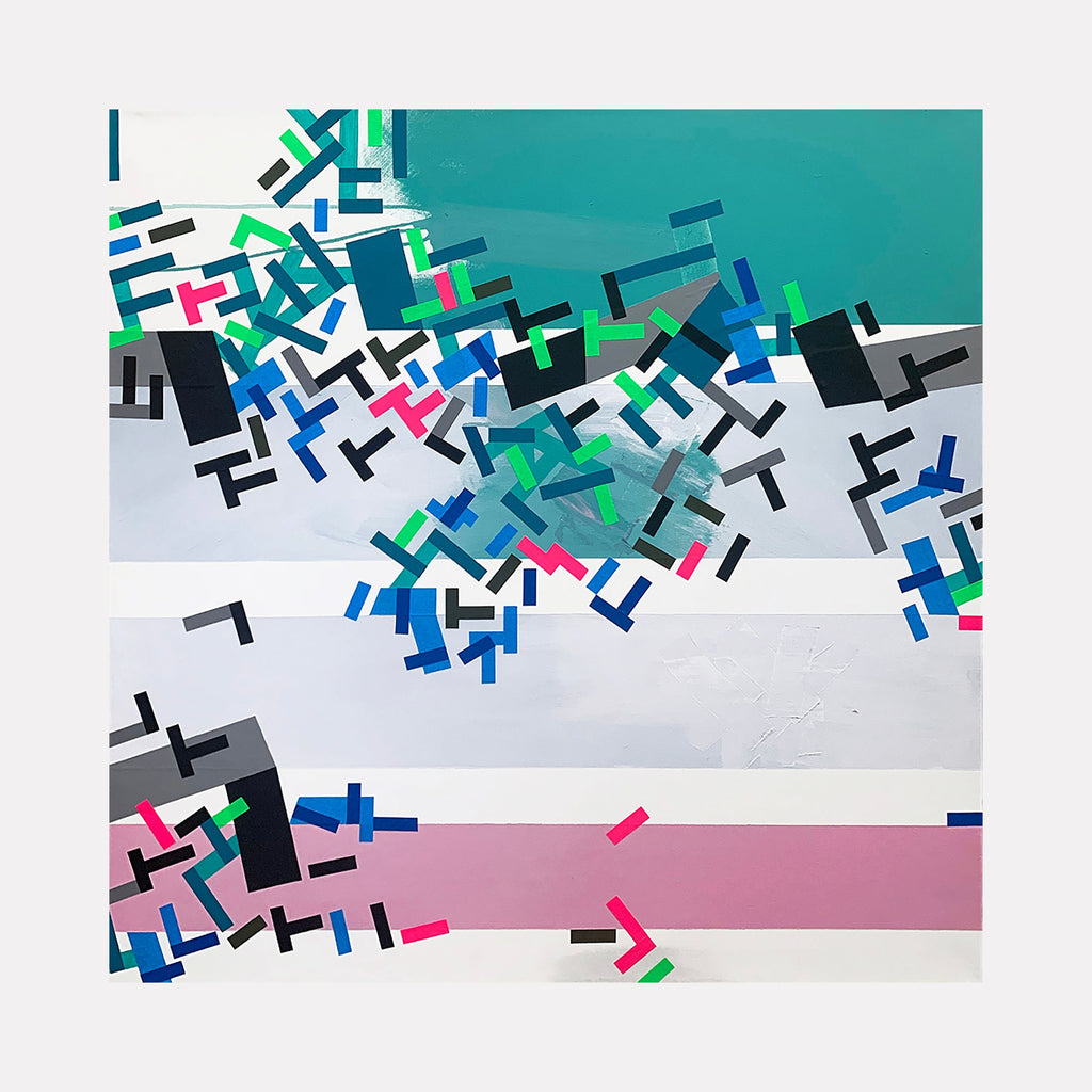 The artwork 'Ehvvenii' by Philippe Halaburda features a dynamic composition of geometric shapes scattered across horizontal bands of turquoise, white, and pink. Abstract angular forms in black, blue, and hot pink create a sense of movement, resembling digital pixels or scattered building blocks against a minimalist backdrop, executed in acrylic and tape on canvas.