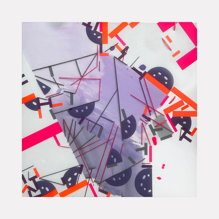 The artwork 'Eiiwannd' by Philippe Halaburda features an abstract geometric composition with intersecting angular shapes in lavender, hot pink, and vibrant orange against a white background. Bold lines and semi-circular elements in navy blue create dynamic movement, while thin gray lines form a structured network across the 30x30 inch mixed media canvas.