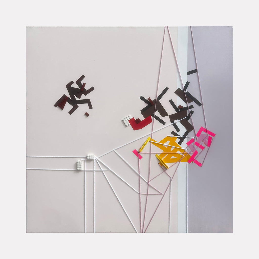 The artwork 'Elever Aurrakinesiss' by Philippe Halaburda features geometric abstract figures in black, red, pink, and yellow, arranged dynamically across a white canvas. Angular lines and paths in light gray create structural elements, suggesting movement and spatial depth. The composition combines minimalist design with bold color blocks in a 30x30 inch mixed media format.