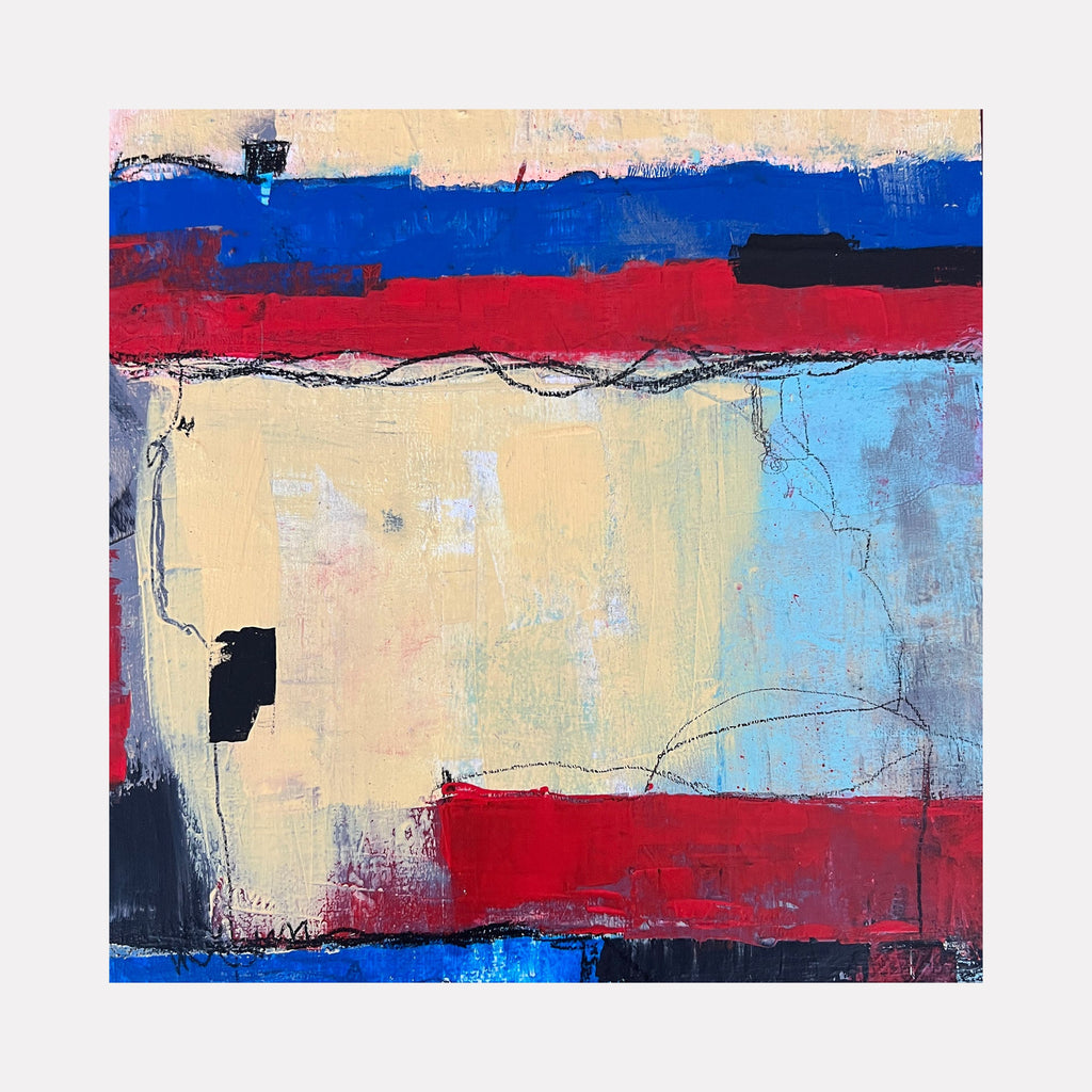 The artwork 'Empowered in the Quiet' by Karen L. Burns features bold horizontal stripes of vibrant cobalt blue and crimson red against a soft cream background. Abstract brushstrokes and textural elements create depth, while delicate black lines add movement. The acrylic painting's layered composition evokes a sense of tranquility and contemplation.