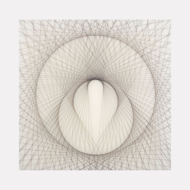 The artwork 'Empty Void 28' by Jayoung Yoon features an intricate geometric pattern of intersecting gray lines forming a circular tunnel effect on a white background. The center reveals a luminous oval shape, created with delicate hair strands and acrylic medium, radiating outward in a mesmerizing spiral pattern that suggests depth and movement.