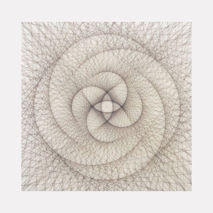 The artwork 'Empty Void 30' by Jayoung Yoon features an intricate geometric pattern of intersecting curved lines forming concentric circles. Fine, hair-like strands create a delicate spiral web pattern in monochromatic gray tones, radiating from a central void. The carefully woven human hair and acrylic medium create a mesmerizing mandala-like composition on an 8x8 inch panel.