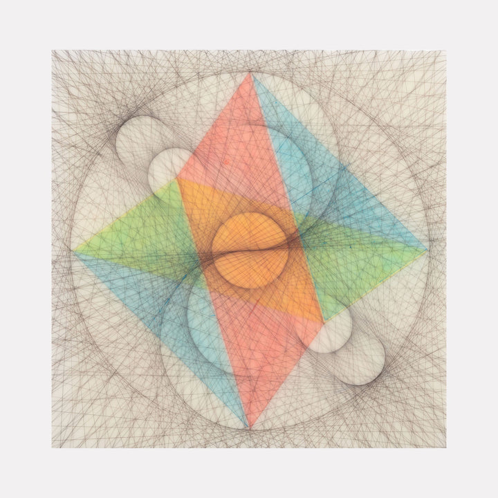 The artwork 'Empty Void 36' by Jayoung Yoon features intersecting geometric shapes with delicate crosshatched lines. A central orange circle radiates through overlapping translucent diamonds in coral, turquoise, and lime green. Ethereal gray web-like patterns create depth and texture, complemented by subtle white spheres. Created with artist's hair, gouache, and acrylic on panel.