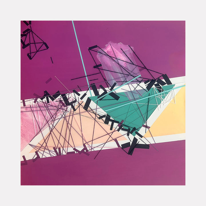 The artwork 'Enclin Shhivaam' by Philippe Halaburda features dynamic geometric abstract composition with intersecting black lines and angular shapes against color-blocked sections in vibrant purple, turquoise, peach, and yellow. The mixed media piece showcases a modern, deconstructed aesthetic with sharp contrasts and architectural elements spanning 36x36 inches.