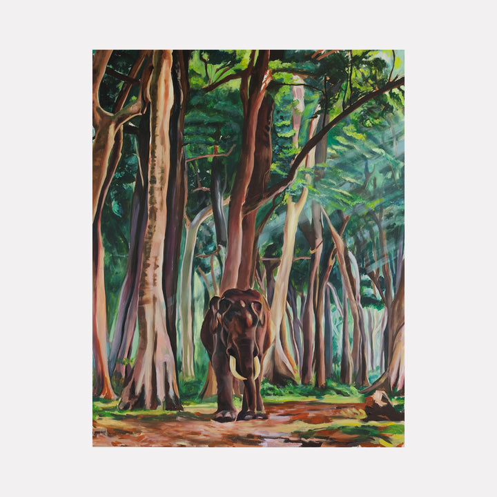 The artwork 'Encounter' by Claudia Robles-Gil features a majestic elephant walking through a lush forest path, surrounded by tall trees with brown trunks and vibrant green foliage. The oil and acrylic painting captures dappled sunlight filtering through the canopy, creating a mysterious and enchanting woodland atmosphere on a 60x48 inch canvas.