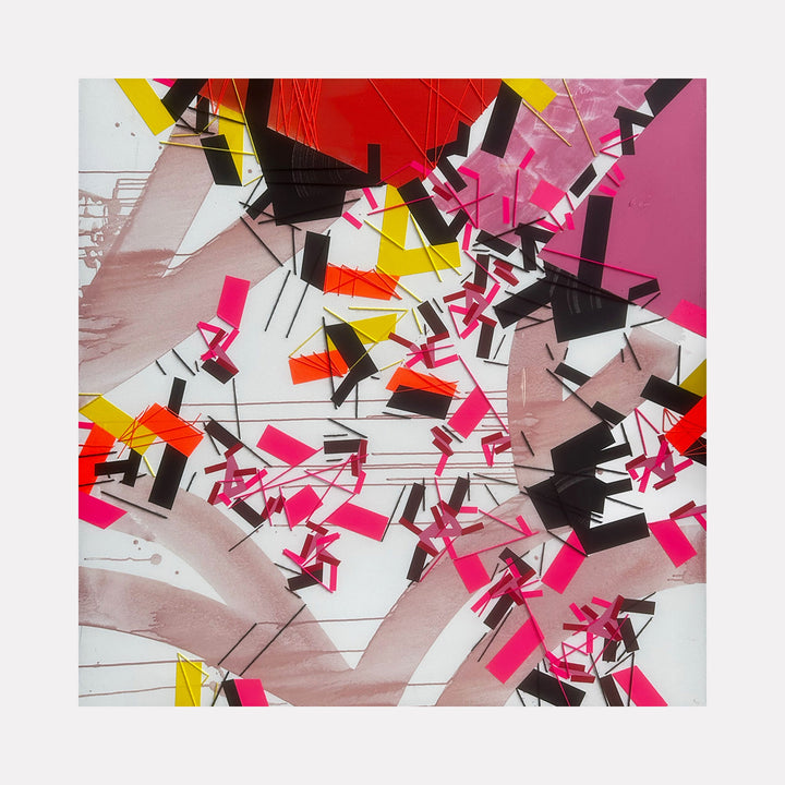 The artwork 'Epiistimaa' by Philippe Halaburda features a dynamic abstract composition with fragmented geometric shapes in vibrant pink, red, yellow, and black against a white background. The piece showcases angular forms creating movement and energy through intersecting lines and bold color blocks in a mixed media technique on a 48x48 inch canvas by Philippe Halaburda.