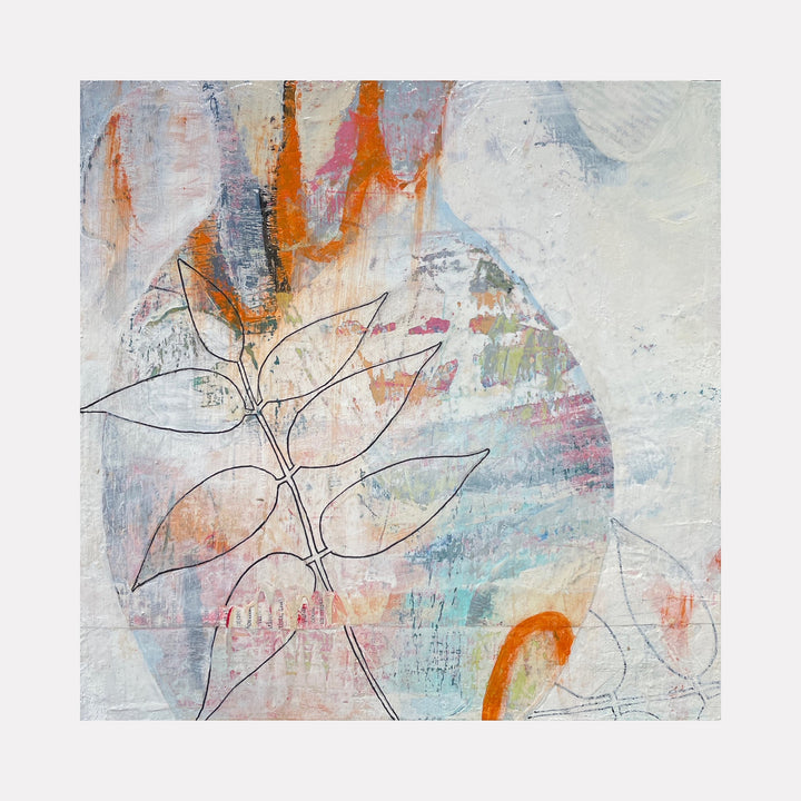 The artwork 'Evanescence' by Giliane Bader features delicate black line drawings of botanical leaves overlaid on a dreamy abstract background. Soft pastel hues of blue, pink, and white are contrasted with vibrant orange accents, creating an ethereal mixed media composition on birch panel with cold wax finish.