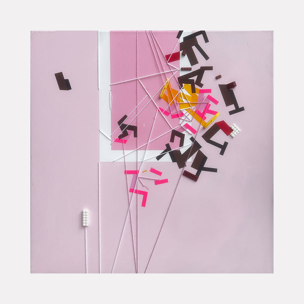 The artwork 'Excentrer Kolyianott' by Philippe Halaburda features abstract geometric shapes in black, pink, and orange scattered across a soft pink background. Intersecting white lines create dynamic movement, connecting the angular forms in a contemporary mixed media composition measuring 30x30 inches.