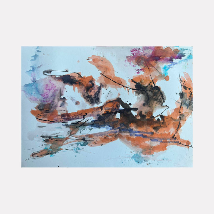 The artwork 'Expectation' features fluid abstract strokes in orange and black against pale blue, with watercolor splashes by Dionysia Adamopoulou