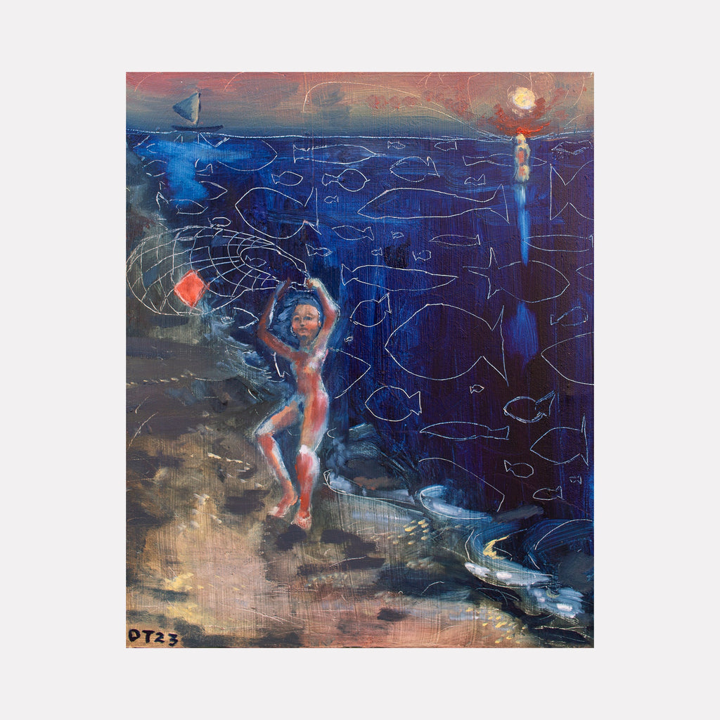 Fishing Blues by Dara Theodora: Abstract oil painting depicting underwater scene with figure, sketched fish outlines, deep blues, sunset sky by Dara Theodora