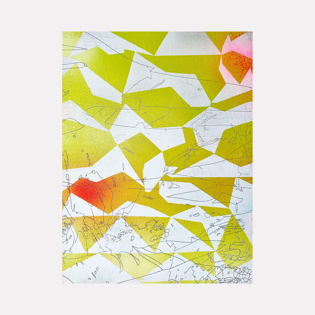 The artwork 'Flag Futures' by Ann Tarantino features an abstract geometric composition of fractured shapes in vibrant chartreuse yellow and coral orange against white background. Laser-etched lines create delicate textures across the acrylic panel, forming angular patterns reminiscent of folded paper or shattered glass, displaying a dynamic interplay of light and shadow.