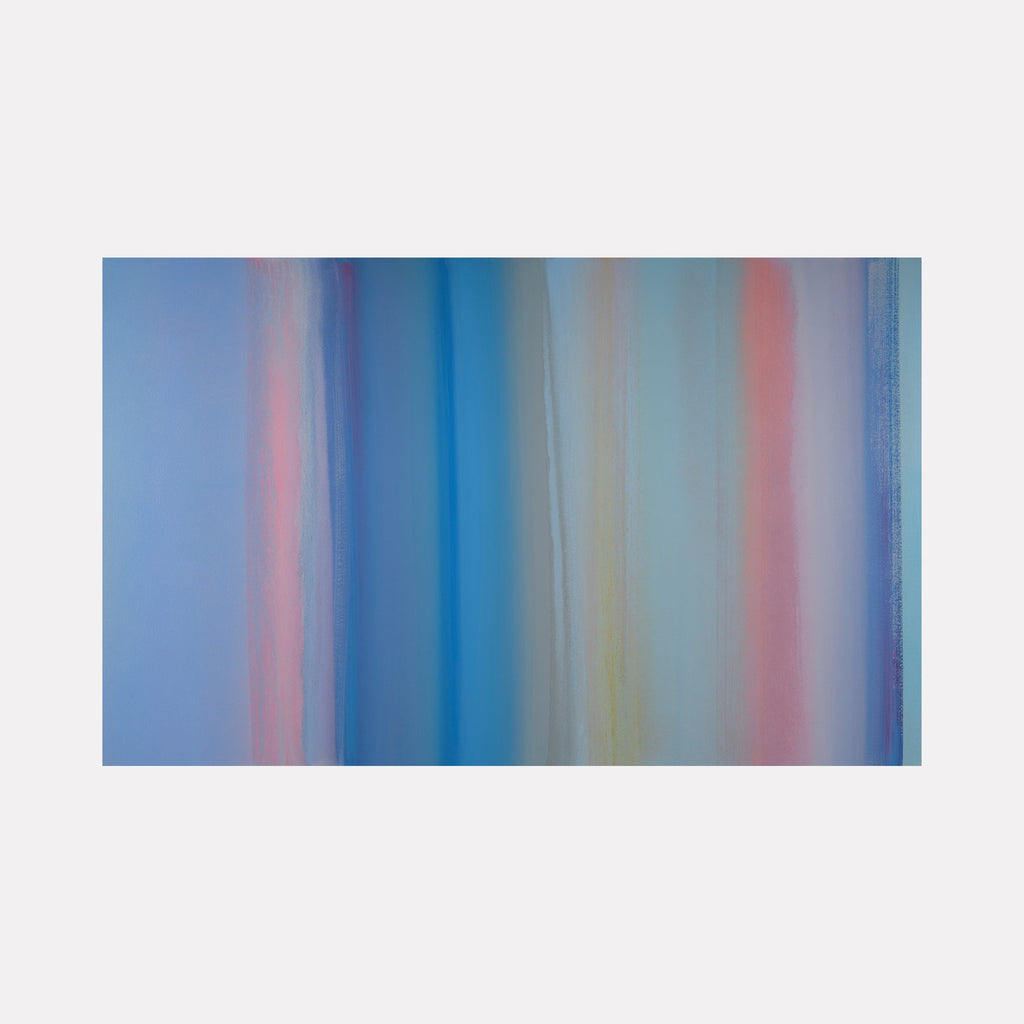 The artwork 'Floating World 21' by Willy Bo Richardson features vertical bands of color transitioning smoothly from soft blues to coral pinks, creating an ethereal atmospheric effect. Bold strokes of deep azure blend into misty pastels, suggesting a dreamlike landscape rendered in oil on canvas, measuring 31 by 50 inches.