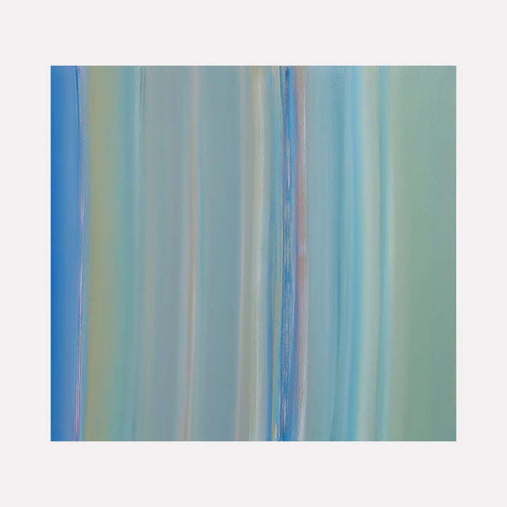 The artwork 'Flow 5' by Willy Bo Richardson features vertical brushstrokes in soothing aqua blues and soft mint greens, creating a tranquil gradient effect. Delicate traces of peach and gray add subtle warmth to this abstract oil painting, with translucent layers flowing seamlessly into each other, embodying a serene waterfall-like composition. Dimensions 53x57 inches by Willy Bo Richardson.