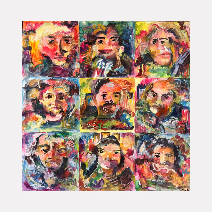 Nine vibrant mixed media portraits arranged in a grid, featuring expressive brushstrokes in bold yellows, reds, and blues. Fluid Faces by Dionysia Adamopoulou