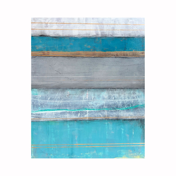 The artwork 'Frozen Driftwood' by Karen L. Burns features horizontal layers of turquoise blue, soft gray, and silver tones with subtle gold accents. The abstract painting showcases textured brushstrokes and weathered effects, creating a coastal-inspired composition with organic striations reminiscent of natural sediment and frozen landscapes.