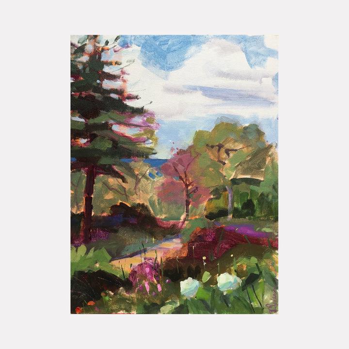 The artwork 'Ft. Tryon Park' by Janet L. Pedersen depicts a vibrant plein air landscape with towering evergreen trees against a blue sky with white clouds. A winding path leads through lush greenery, featuring magenta wildflowers and verdant foliage. The expressive brushstrokes in acrylic create a dynamic, impressionistic scene capturing the natural beauty of the park.