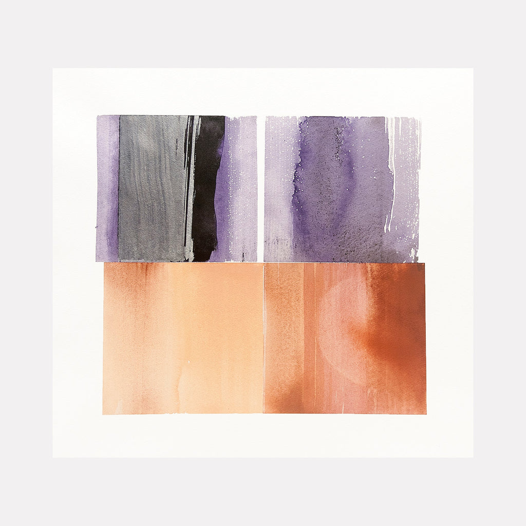 The artwork 'Ghost Rider II' by Ken Schiano features abstract watercolor blocks in contrasting colors. The upper section displays deep purple and charcoal grey washes, while the lower portion transitions into warm peach and coral tones. The painting showcases fluid brushstrokes and subtle color gradients, creating a minimalist composition on paper. By Ken Schiano.