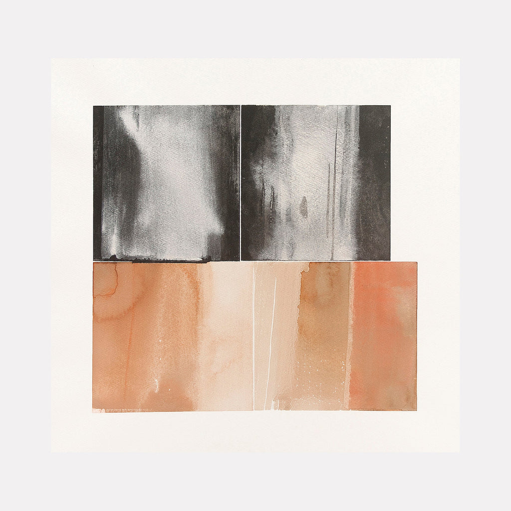 The artwork 'Ghost Rider I' by Ken Schiano features a striking abstract composition in watercolor, divided horizontally into two distinct sections. The upper half displays dramatic black and gray washes with vertical streaks, while the lower portion presents a soft terracotta orange with subtle gradients and delicate linear elements. The 21x22 inch piece demonstrates masterful control of watercolor medium, creating an ethereal atmospheric effect.