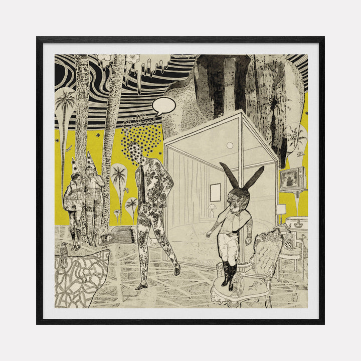 Good Night Hotel 3 by Steve Moors: Surreal black and white illustration with figures in a room, palm trees, striped ceiling, yellow background