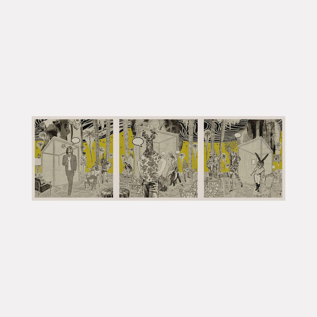 The artwork 'Good Night Hotel Triptych' by Steve Moors features a monochromatic three-panel illustration in black and white with striking yellow accents. The digital artwork depicts an abstract urban nightlife scene with geometric architectural elements, stylized figures, and dynamic compositions across the connected panels, creating a narrative flow with contemporary graphic design elements and contrasting light effects.