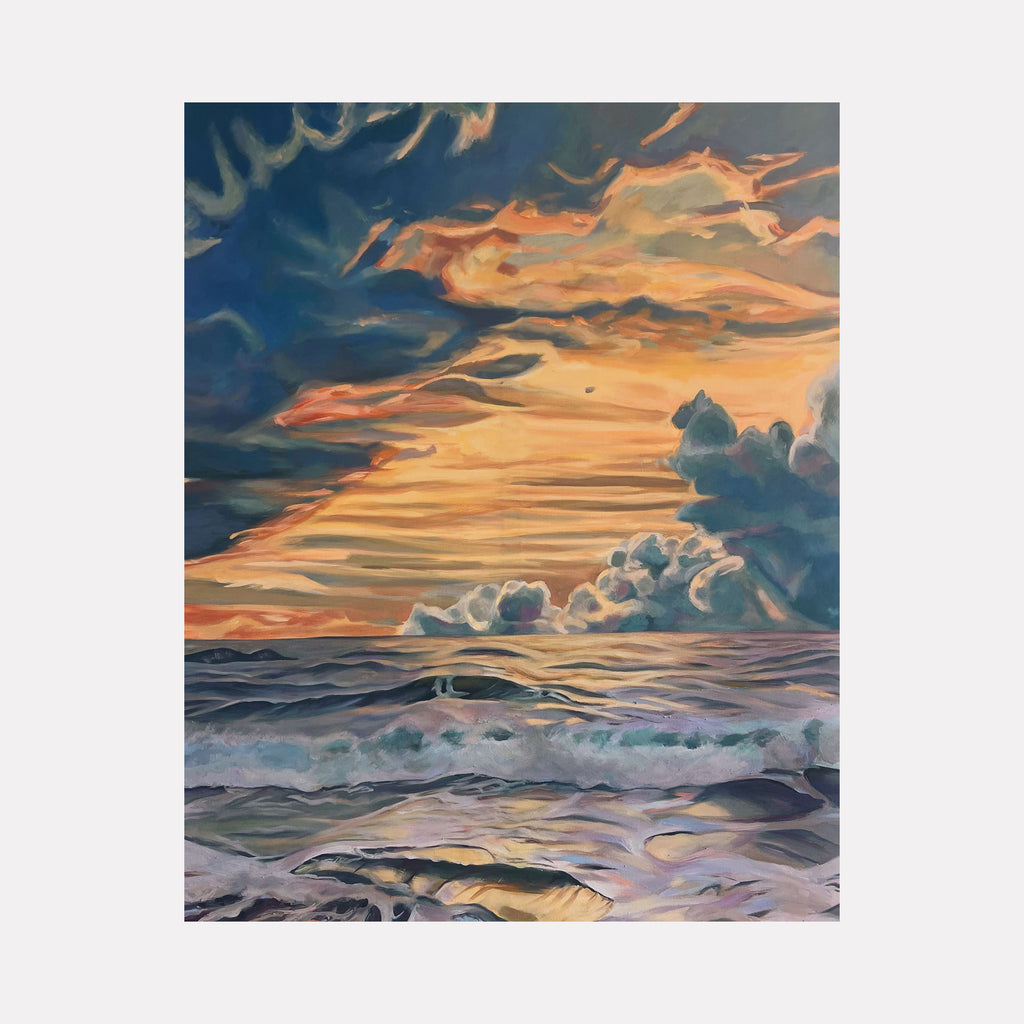 The artwork 'Gratitude' by Claudia Robles-Gil features a dramatic seascape with turbulent waves beneath a vibrant sunset sky. Deep blue storm clouds swirl above golden-orange horizons, while rolling waves in teal and lavender tones crash against the shoreline. The oil and acrylic painting captures the raw energy of nature in an impressionistic style.