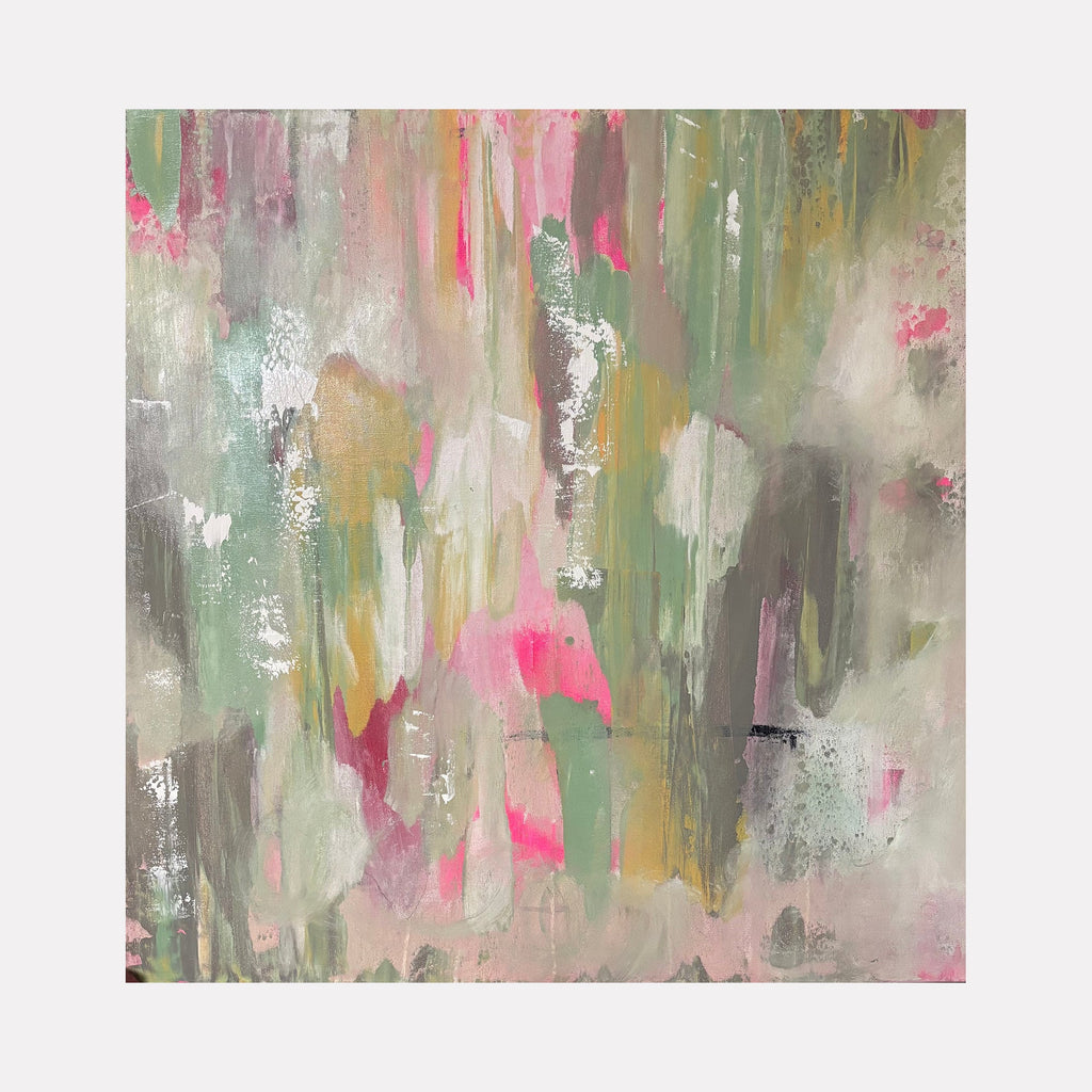 The artwork 'Greener Pastures' by Tammy Kushnir features an abstract mixed media composition with vertical brushstrokes in soft sage green, blush pink, and misty gray tones. The piece showcases textural elements with dramatic drips and ethereal blending, creating a dreamy, nature-inspired aesthetic. Vibrant fuchsia accents punctuate the subtle earthy palette, measuring 36x36 inches. - Tammy Kushnir