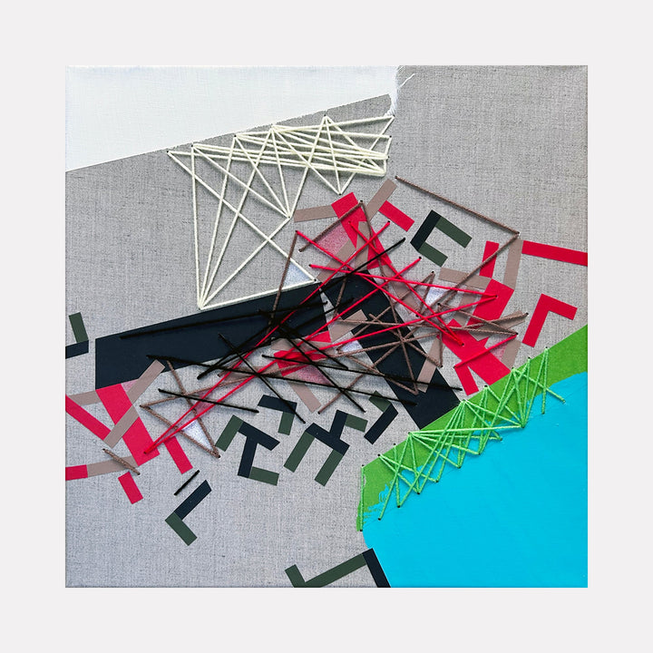 The artwork 'Haabbeller' by Philippe Halaburda features an abstract geometric composition with intersecting yarn lines in white, red, and neon green against a gray canvas. Angular black shapes and vibrant red marks create dynamic movement across the surface, complemented by a bold turquoise accent. Mixed media artwork combines acrylic, tape, and threaded yarn patterns in a contemporary urban style.