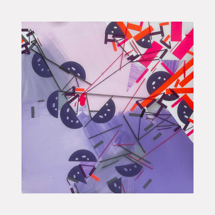 The artwork 'Haarisuut' by Philippe Halaburda features abstract geometric composition with semicircular black shapes scattered across a lavender background. Angular red and pink forms intersect with thin gray lines creating dynamic movement. Mixed media technique on 30x30 canvas showcases contemporary abstract expressionism with sharp contrasts and architectural elements.