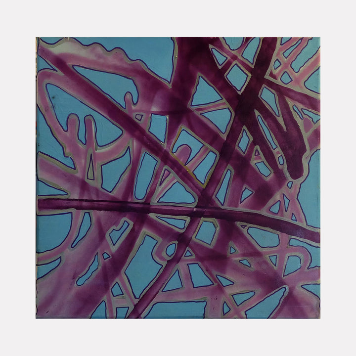 The artwork 'Hand Style Sanctuary' by Devin Ruiz features an abstract geometric pattern with bold purple intersecting lines creating a stained-glass effect against a vibrant turquoise background. The mixed media on canvas piece showcases organic, flowing shapes and dynamic angular segments, measuring 18x18 inches. A contemporary abstract composition by Devin Ruiz.