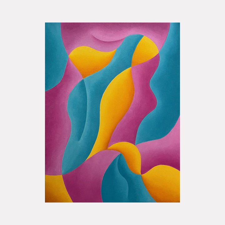 The artwork 'Healing Heart' by Joe Piscopia features fluid, undulating shapes in vibrant teal, magenta, and golden yellow. Abstract waves and curves flow across the oil canvas, creating a harmonious dance of warm and cool colors. The smooth, organic forms suggest movement and emotional depth in this 24x18 inch contemporary painting.